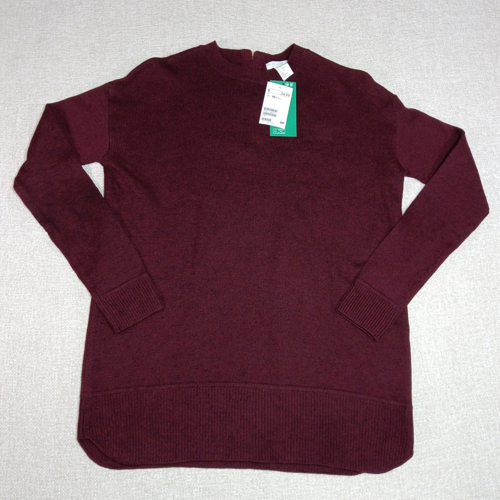 NWT H&M Conscious Burgundy Marl Knit Sweater Back Zip Wool Blend XS Preppy